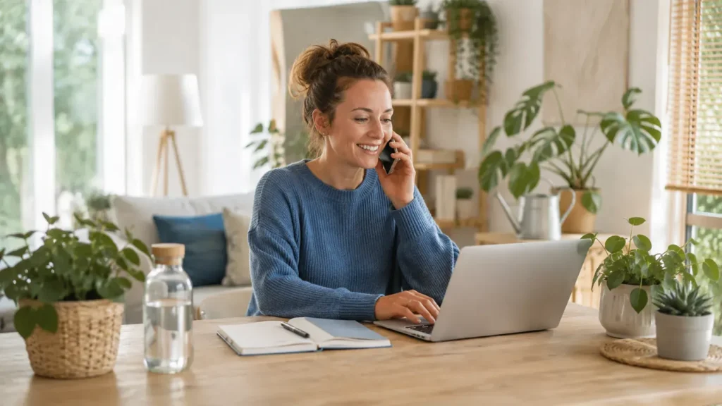 Vrouw neemt contact op met Woonhelp vanuit een lichte woonruimte met laptop, telefoon, planten en natuurlijke materialen