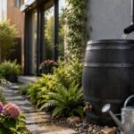 Een rustieke houten regenton gevuld met opgevangen regenwater in een groene, bloeiende tuin met zonnepanelen op het dak.