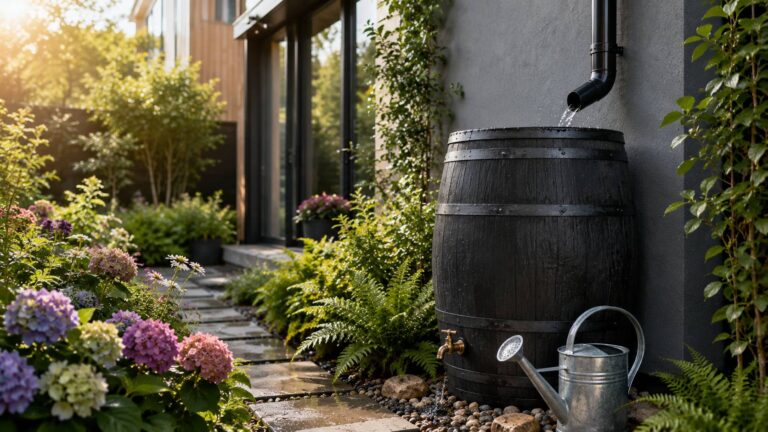 Een rustieke houten regenton gevuld met opgevangen regenwater in een groene, bloeiende tuin met zonnepanelen op het dak.