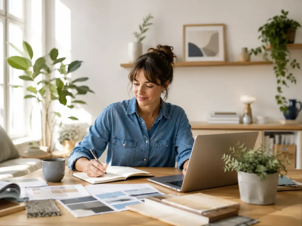 Vrouw schrijft woonkennis uit aan een bureau met laptop, planten, materiaalstalen en natuurlijke wooninspiratie