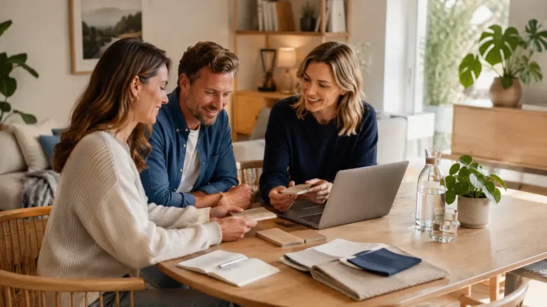 Drie mensen bespreken wooninformatie en interieurmaterialen aan een houten tafel met laptop, stalen en planten in een warme woonruimte