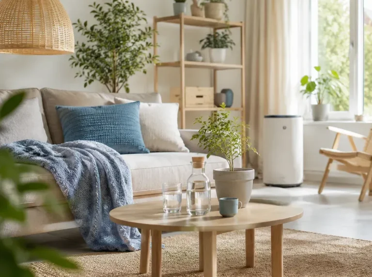 Lichte woonkamer met planten, natuurlijke materialen, waterbesparing en duurzame woonideeën voor meer wooncomfort